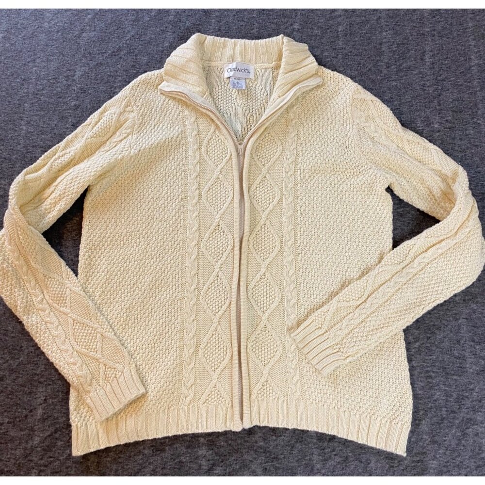 Chadwicks Cream Full Zip Cable Knit Sweater Large Womens Cardigan Ivory Stretch - Picture 2 of 5